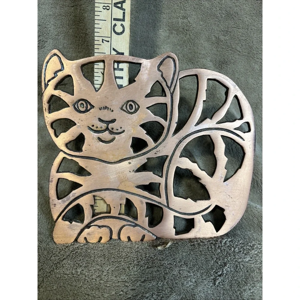 Vtg ODI Copper Cat Trivet 1983 Old Dutch Taiwan Cast Iron Wall Hanging Farmhouse